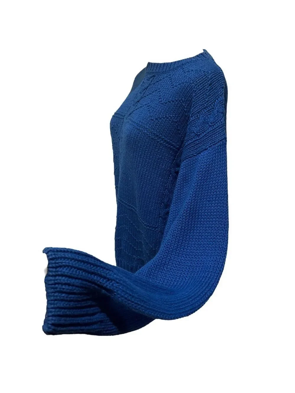 80s BLUE COTTON HAND KNIT DROP SHOULDERS & DOLMAN SLEEVES CABLE KNIT WINDCREST L